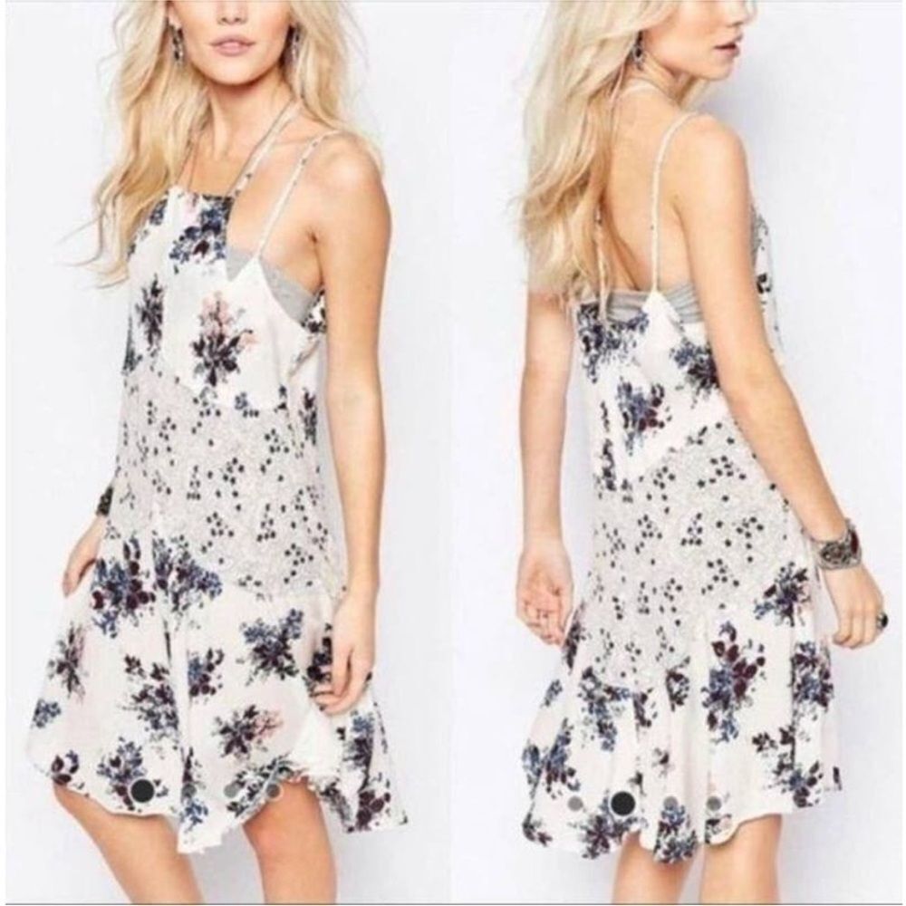 Free People White Floral Voile Crescent Slip Dress Pearl Combo Medium